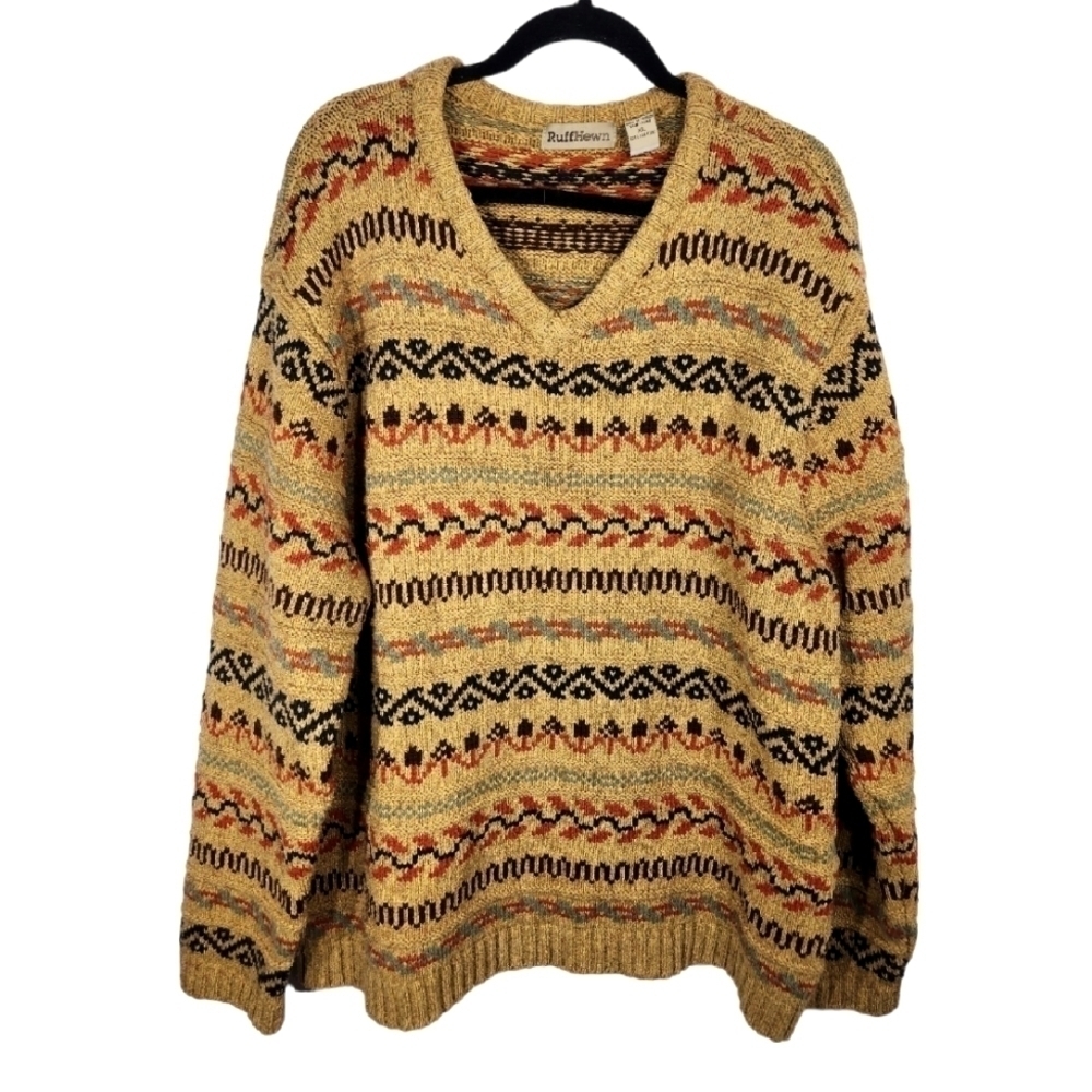 Ruff Hewn Wool Blend Sweater Mens XL Tan Orange Geometrical Pattern Vintage